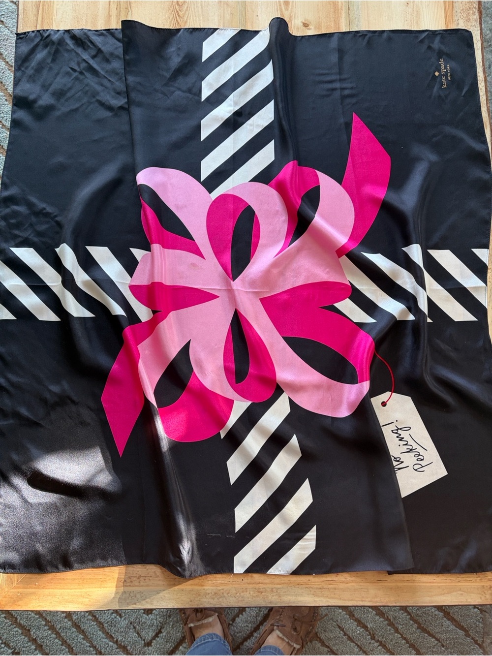 kate spade “No Peeking” Black Silk Scarf - Hot Pink and Light Pink Bow Graphic
